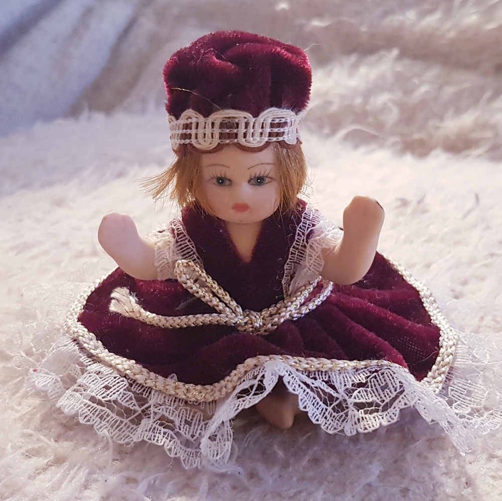 Small Porcelain Doll Mini Velvet Hat and Dress Sitting TLC Vintage Collectible